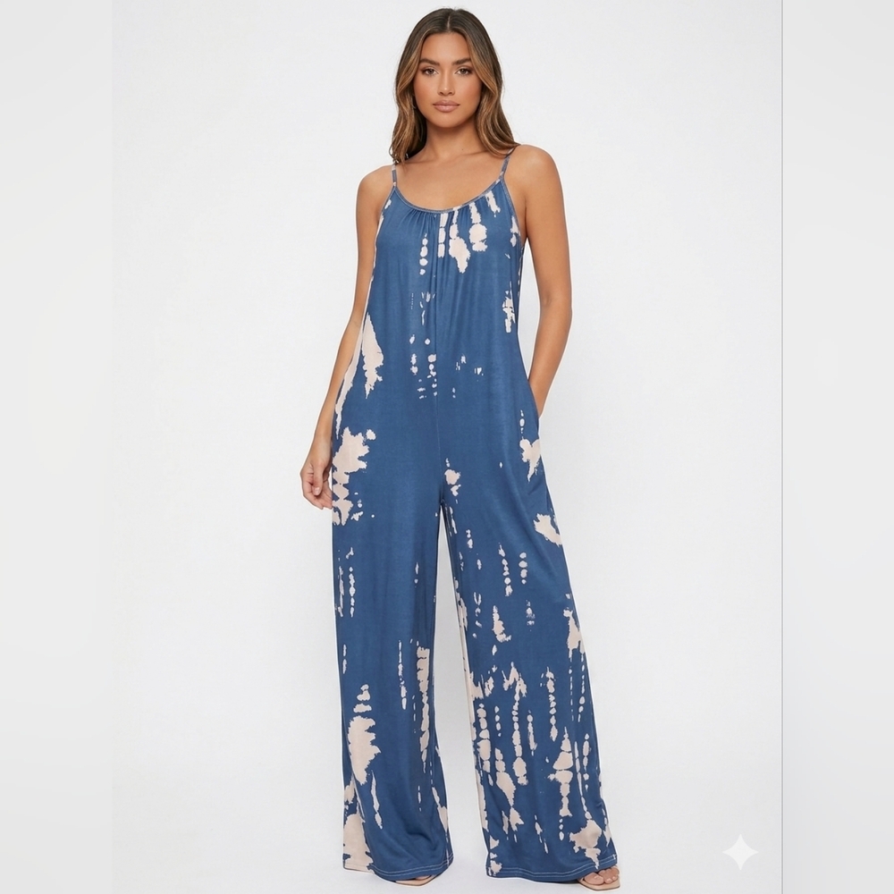 Blue Tie-Dye Wide-Leg Spaghetti-Strap Jumpsuit by